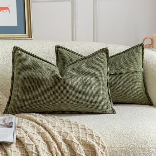 Madizz Lot de 2 Doux Housses de Coussin en Chenille avec Bordure Décorative pour Canapé Chambre à Coucher Salon Décoration Maison Moderne Vert Mousse 30x50...