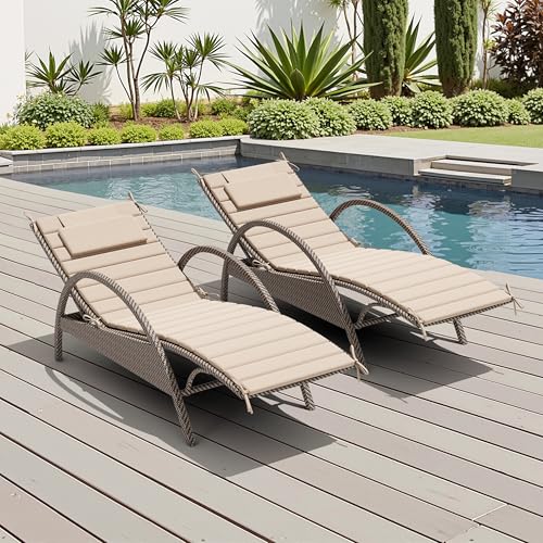 Crestlive Products Chaise Lounge Cushion Outdoor Set of 2, Foldable Waterproof Pool Lounge Chair Cushions with Straps, Lounger Cushions for Outdoor Furniture, 71''Lx21''W (Beige)