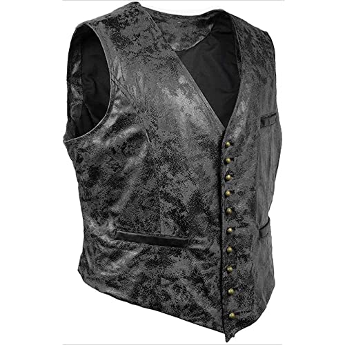 Colete masculino retrô com decote em V colete de couro para motociclista colete bolso, Preto, 3G