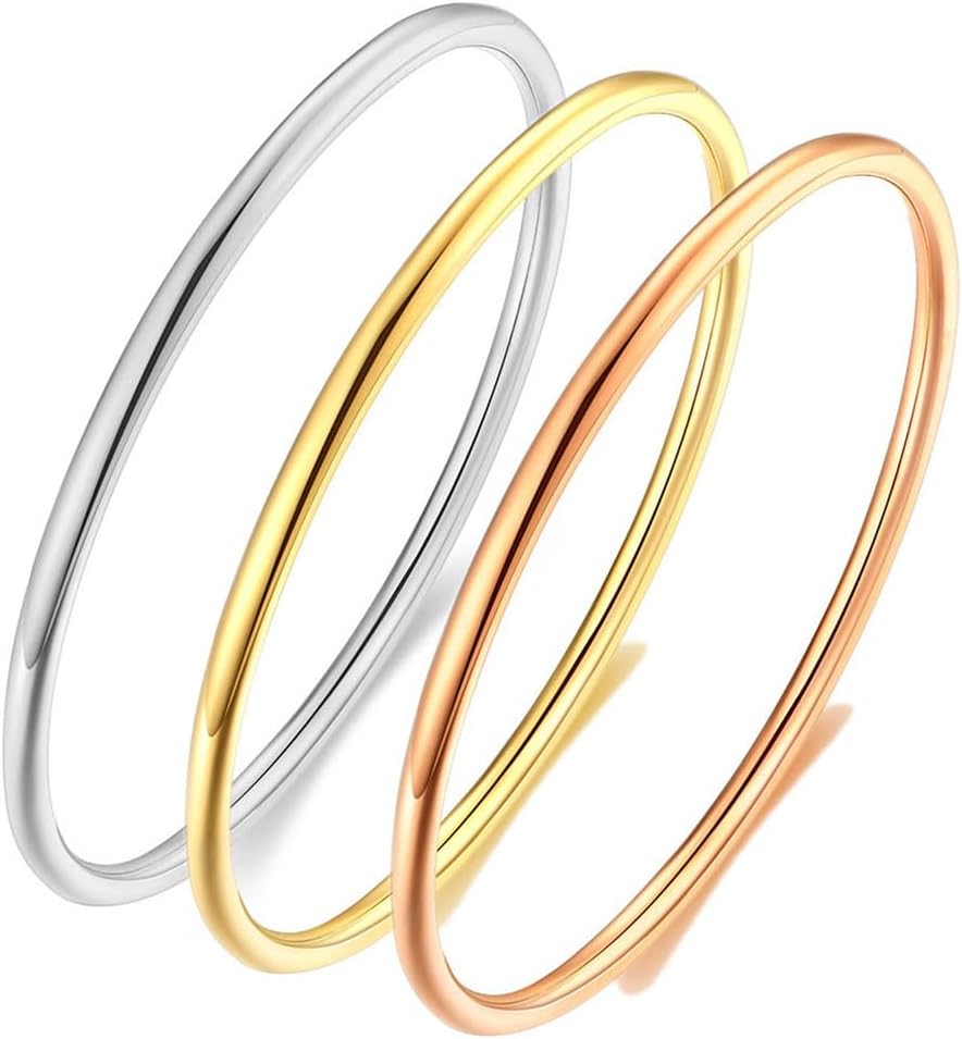 PAURO Unisex Stainless Steel Round Thin Stacked Bracelet Solid Plain Polished Bangle Love Gift