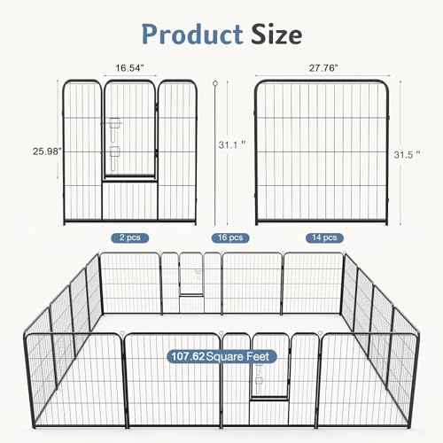 Image of DUMOS Dog Playpen 32 Inch 16 Panels Indoor Outdoor Metal Pet Fence | Foldable Dog Play Pen with Door, Portable Exercise, RV Camping, Puppy Small Medium Dogs