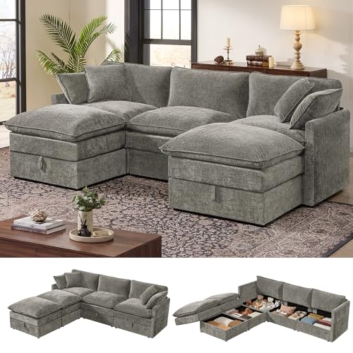 Image of Ihanherry 103 inch Modular Sectional Sofa with Storage, U Shaped Cloud Couch with Movable Ottomans & 4 Pillows, Chenille Deep Seat Sectional Couches for Living Room, Apartment (Grey)