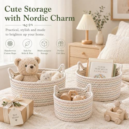 Image of Small Woven Baskets | Mini Storage Bins | Cotton Rope Baby Nursery Organizers | Cute Round Cat Ears Basket for Organizing Desk Decor Kids Toy Dog Cat Baby Girls Gift-Set of 3 (White mixed Colors)