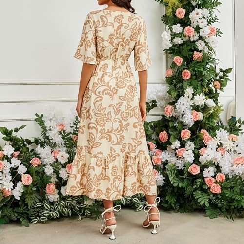 Image of Women's Summer Short Sleeve Maxi Floral Flowy Dresses with Pockets