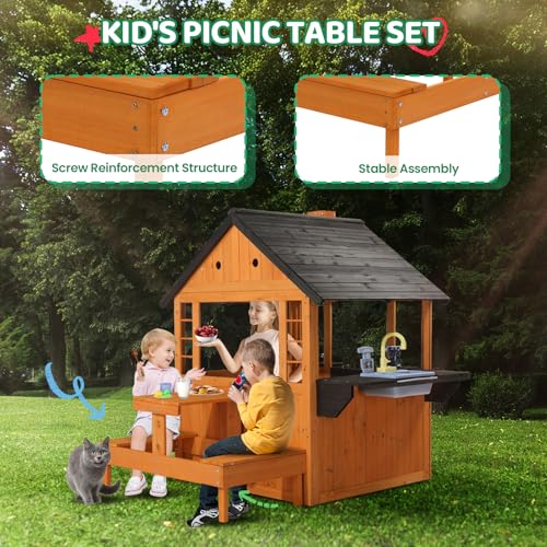 image for JOYMOR Kids Wooden Playhouse for Outdoor, Cottage with Sink, Picnic Ta