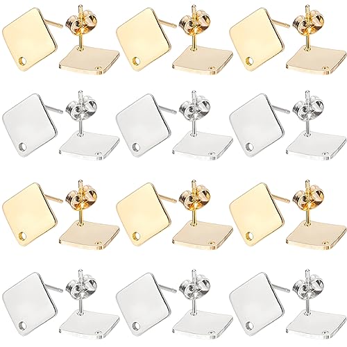 SUNNYCLUE 1 Box 40Pcs Earring Post with Hole 304 Stainless Steel Earring Posts Rhombus Ear Studs Hypoallergenic Geometric Ear Findings for Jewelry Making Accessories DIY Crafts Supplies