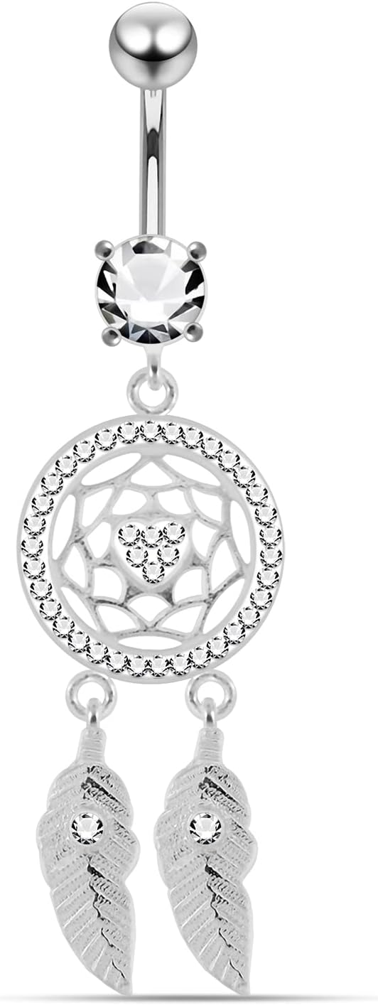 Multi Crystal Gemstone Colorful Heart in Dream Catcher Design 925 Sterling Silver with G23 Grade Titanium Belly Ring - Belly Button jewelry - Navel jewelry