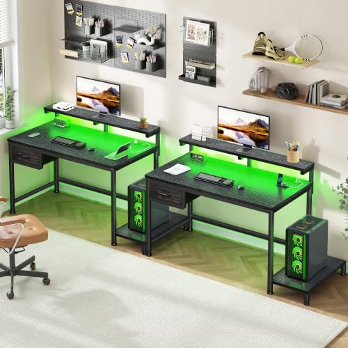 Image of DurayLoly 32 inch Gaming Desk with Power Outlet and LED Lights,Bedroom,Black