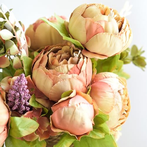 Image of FiveSeasonStuff Tawny Brown Artificial Peony Bouquets, 2 Silk Flower Bundles with Hydrangea Accents for Wedding Centerpieces & Home Decor