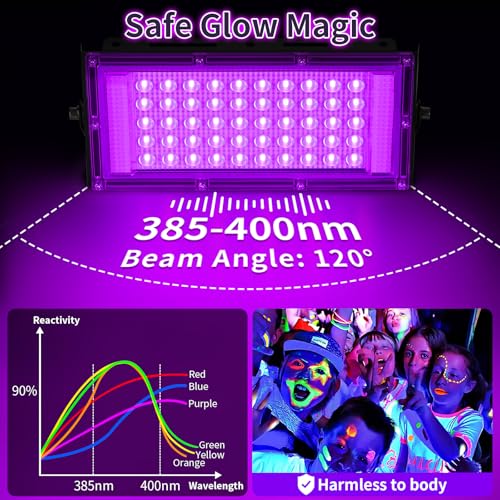 Image of 50W LED Black Lights with Switch+Plug, IP66 Waterproof, 8 Pack | Blacklight Flood Light for Halloween, Neon Glow Party Supply, Bedroom, Fluorescent Poster, Body Paint, Outdoor
