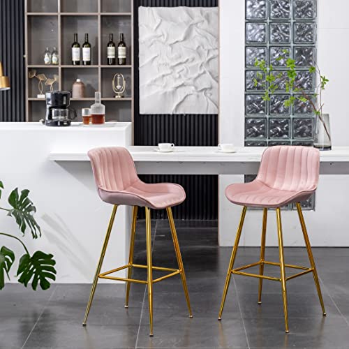 Sidanli 29 Inch Bar Stools Set of 2 Pink Barstools with Back and Gold Plated Legs Upholstered Barstools for Bar Living Room Kitchen Island Farmhouse