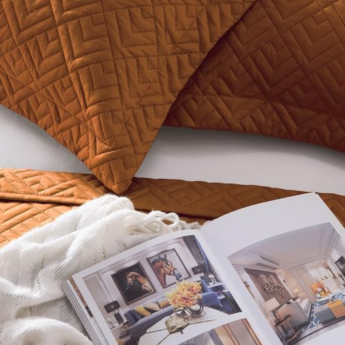 EXQ Home Quilt Set Twin Size Umber 2 Piece,Lightweight Soft Coverlet Modern Style Squares Pattern Bedspread Set(1 Quilt,1 Pillow Sham)