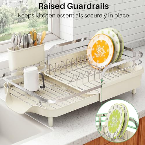 Image of SAYZH Dish Drying Rack - Expandable Dish Rack for Kitchen Counter, Rust-Resistant Dish Drainer with Utensil Holder and Raised Guardrail, Kitchen Organizer for Cup and Bottle (Beige)