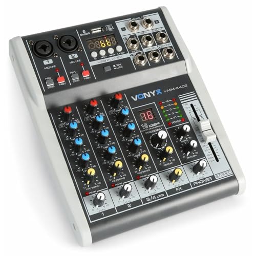 Vonyx Vmm-K402 - Music Mixer 4 Canali, Bluetooth, Usb-Audio-Interface, Led Vu Meter E Peak Led, Uscita Cuffie, 2 X Ingressi Mono Microfono/Line (Combo