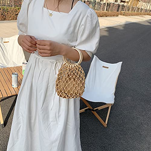 Bolso de mano tejido para mujer TONWHAR, elegante bolsa tote pequeña con asa redonda de madera para verano y playa miniatura 2