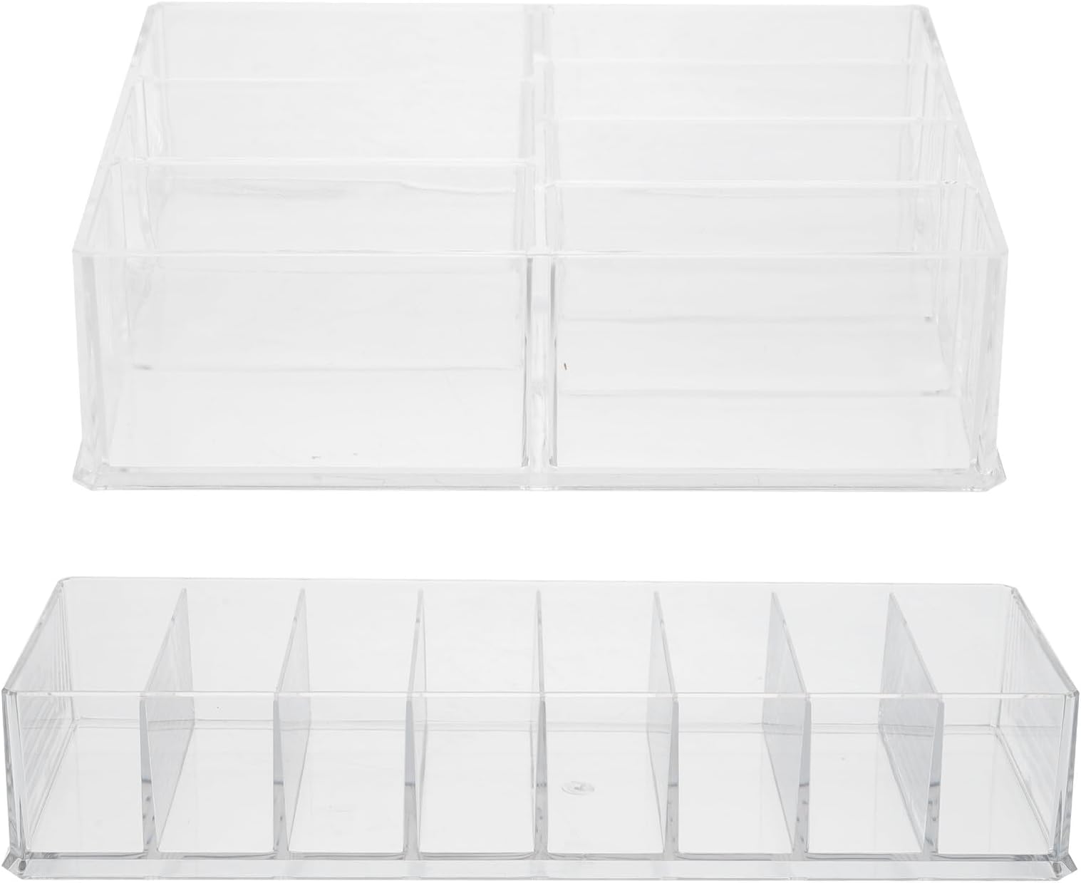 2pcs Acrylic Cosmetic Organizer Boxes, Detachable Multi-grid Makeup Storage Holders with 8-compartment Powder Case and 7-compartment Eyeshadow Tray, Desktop Vanity Organizer