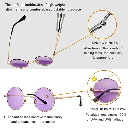 Retro Round Hippie Sunglasses Women Men Polarized Small Circle Lennon Glasses (Gold Frame/Purple Lens)3