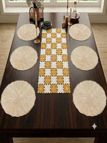 Image of Dakshya Industries PVC Waterproof Round Table Placemat & Table Runner Combo Set | 6 Round Table Mats (38 x 38 cm) + 1 Table Runner | Heat Resistant, Washable, Non Slip Dining Table Decor (Classen)