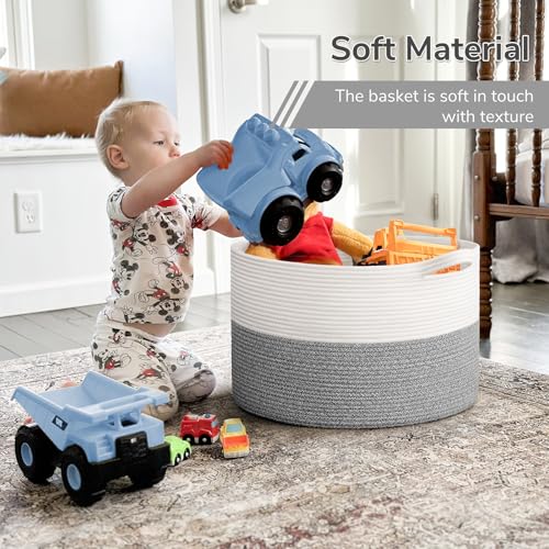 Image of INDRESSME Large Blanket Basket, Laundry Toy Storage Baskets, Decorative Woven Basket for Living Room & Nursery, Baskets for Gifts Empty, Laundry, Dog Toys, Towels, Light Grey, 19.7 inch D x 12.6 inch H
