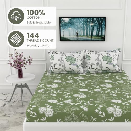 Image of LORETO - A QUALITY LINEN BRAND 144 TC 100% Pure Cotton King Size Fitted Bedsheet with 2 Pillow Covers for 72 x 72 Inch Mattress, All-Around Elastic, 8 Inch Deep Pocket, Olive Green Floral Elegance