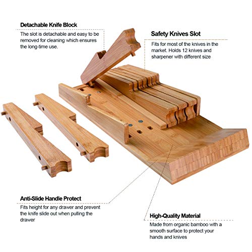 Image of NIUXX Bamboo In-Drawer Knife Block Set for 12 Knives(Not Included) | Large Kitchen Detachable Washable Cutlery Slot Organizer Storage Holder for Sharpening Steel and Cutter