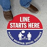 SmartSign Line Starts Here Floor Sign, Please Maintain 6 Feet Social Distance Floor Decals, 9x9 Inches Anti-Skid Vinyl, Textured-Finished, USA Made