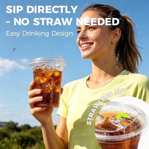 Image of Ginkgo 100 Pack 16 oz Clear Plastic Cups with Strawless Sip Lids