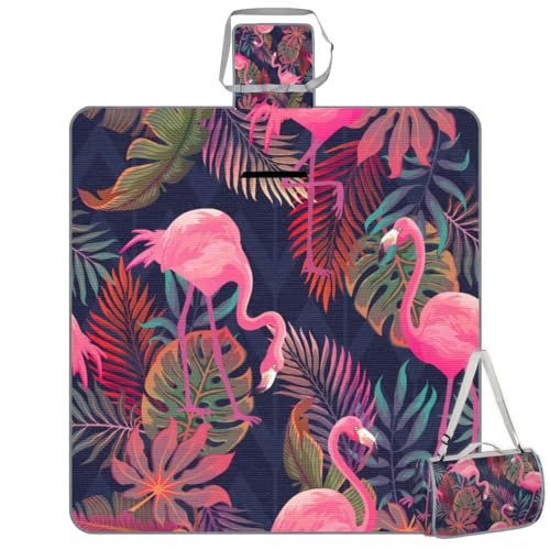 Shimoshe Picnic Blankets 57”x 59”, Colorful Palm Leaf Flamingo Waterproof Sandproof Picnic Mat Lightweight Foldable Beach Blanket for Camping Park Grass Beach Outdoor Blanket