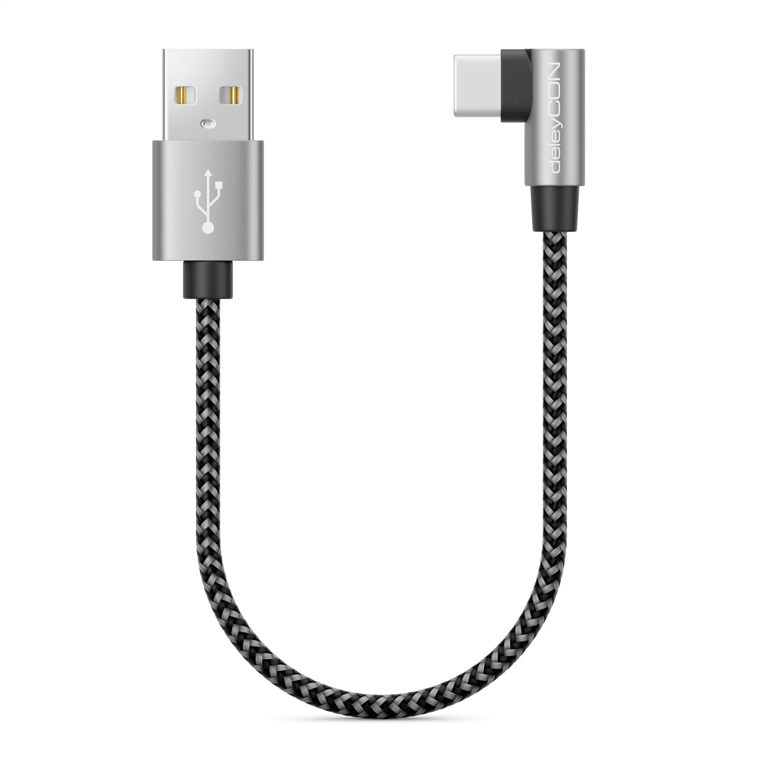 deleyCON 0,15m Cavo USB A a USB C - Spina USB-C Angolata a 90° - Cavo di Ricarica USB-A a USB-C Corto da 15cm per iPhone 15 16 Pro Max Samsung S24 S23 S22 Pixel iPad Pro MacBook Air Tablets Switch PS5