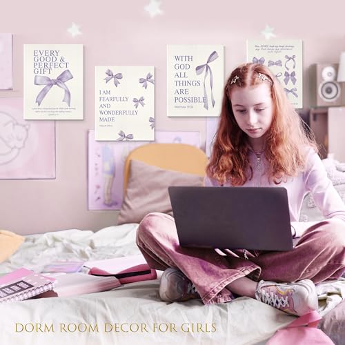 Image of LARTSFRO Coquette Purple Bow Canvas Wall Art Decor Prints Posters, Purple Bow Room Bedroom Bathroom Dorm Wall Art Decor Aesthetic for College Teen Girls Gifts, Inspirational Bible Verses Bow Wall Decor, 11x14 Inch Set of 4 Pcs Bow Pictures (Canvas Framed 11X14)