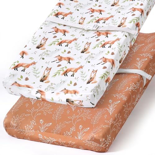 Image of BROLEX Changing Pad Covers for Baby: Boy Girls Ultra Stretchy Soft 2 Pack, Fox Foliage