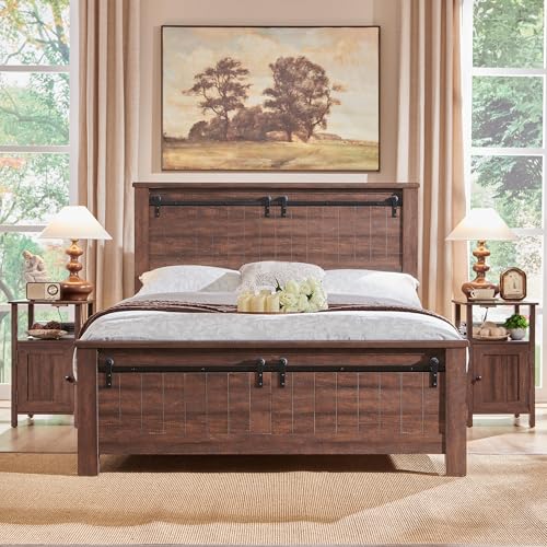 Image of IFBUY Farmhouse Nightstands Set of 2, Narrow Bedside Table with Charging Station, Night Stand Set 2 with Storage & Open Shelf, End Tables w /Groove Barn Door for Bedroom, Living Room-Brown