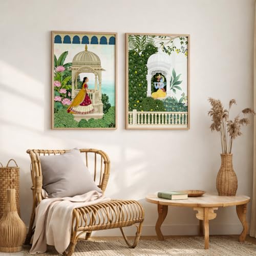 Image of TheMakerly Traditional Indian Wall Painting Set of 2 | Radha Krishna Wall Art Frames | Vintage Religious Wall Decor for Living Room Bedroom Home Temple (KR04, 13x19 inches)