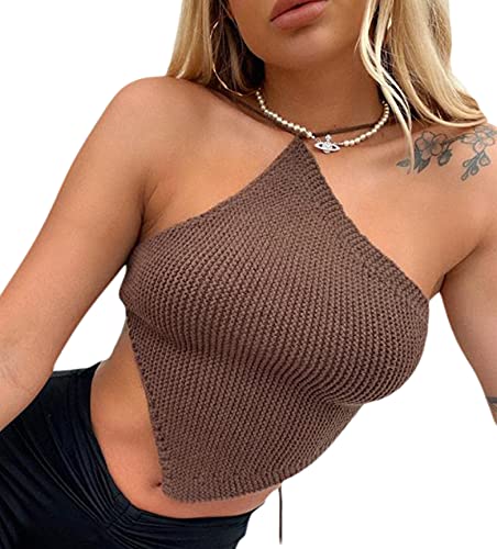 KMBANGI Spaghetti Strap Halter Tops for Women Lace Up Camisole Tanks Top Halterneck Backless Crop Camis Y2k Streetwear(Halter Coffee, One Size)