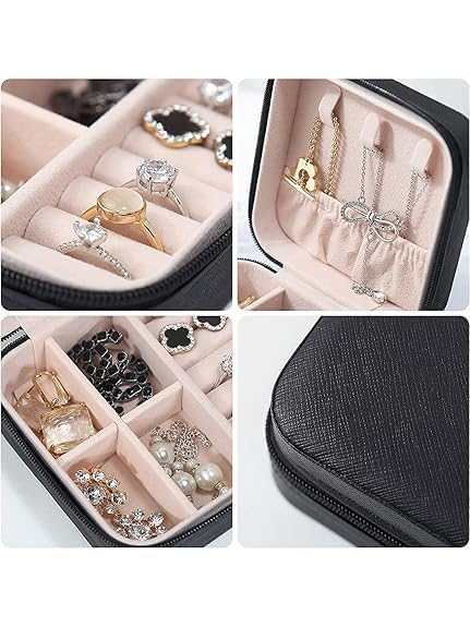 Image of Mini Jewellery Travel Case, PU Leather Organizer Box, Small Portable Jewellery Storage Holder for Womens Rings Earrings Necklaces (Peach-PU Leather Box) (Black)