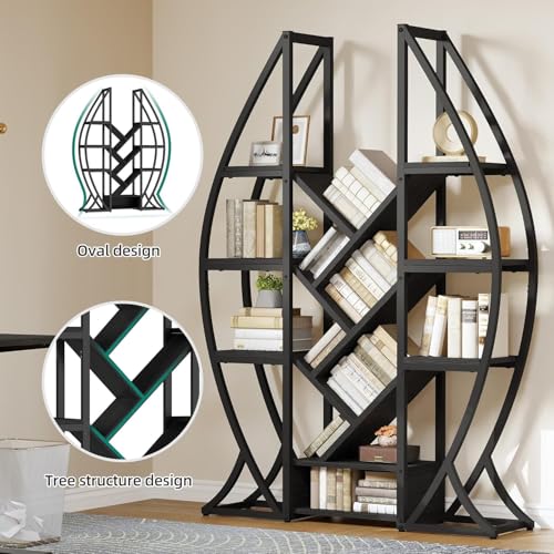 DWVO Oval Bookshelf, Triple Wide 5 Tier Etagere Bookcase, Industrial Display Shelves for Living Room, Bedroom, Home Office, Black