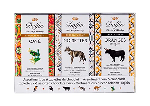 Dolfin Assortiment Chocolat Tablette 'Carnet de Voyage' - 6 Pièces Chocolat Lait & Noir - Citron Gingembre, Orange Confite, Poivre Rose, Café, Noisette, Abricot - Lot Confiseries de Qualité, 180g
