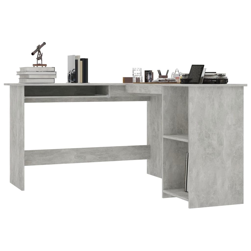 Biurko narożne w kształcie litery L, betonowo-szare, 120 x 140 x 75 cm, materiał drewnopochodny z wysuwaną półką na klawiaturę, 2 otwarte półki, stół biurowy do domowego biura, gabinetu i