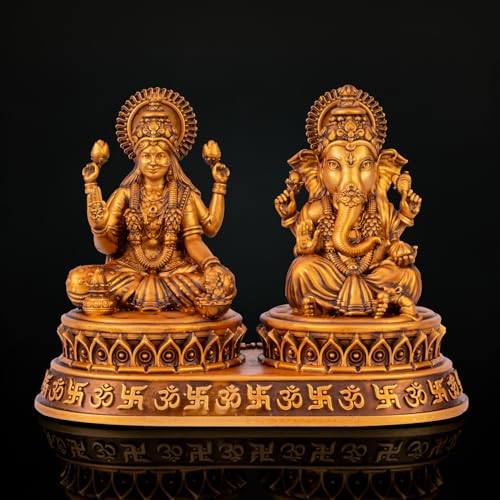 Image of Laxmi Ganesh Idol for Car Daseboard Home Temple and Office Spiritual Polyresin Dhan Sidhi Lakshmi Ganesh Murti for Pooja Diwali Gift Symbol of Wealth Wisdom Golden Finish Statue