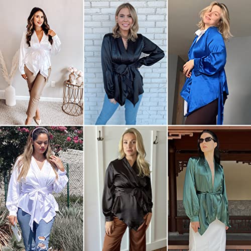 Acevog Satin Blouse For Women Casual Shirt Tie Waist Wrap Open Front Ruffle Cardigan Business Work Tops 2X Large Royal Blue #TOP5