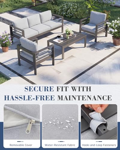 Image of AECOJOY Aluminum Patio Furniture Set, 5 Seats Modern Outdoor Furniture with Coffee Table, 4 Pieces Metal Conversation Sectional Sofa, Light Gray