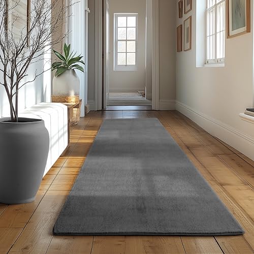 SIMPEX Läufer Teppich Grau 80x250 cm Waschbarer Kurzflor Teppich rutschfest & weich modernes einfarbiges Design für Schlafzimmer Küche & Flur