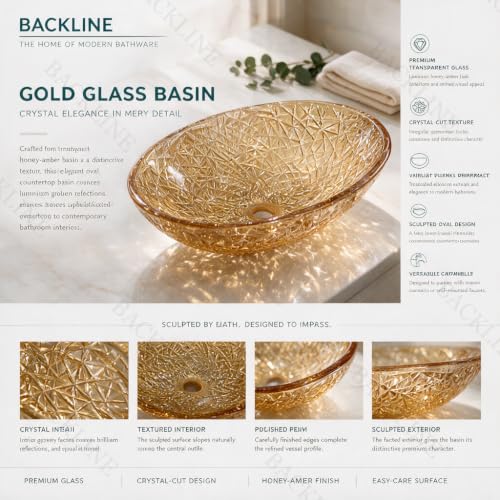 Image of B Backline Glass Basin For Bathroom | 100% Pure Glass Basin | Premium Tabletop Countertop Wash Basin For Bathroom | 7-Year Warranty (Gold) (20 x 14 x 6 Inch)