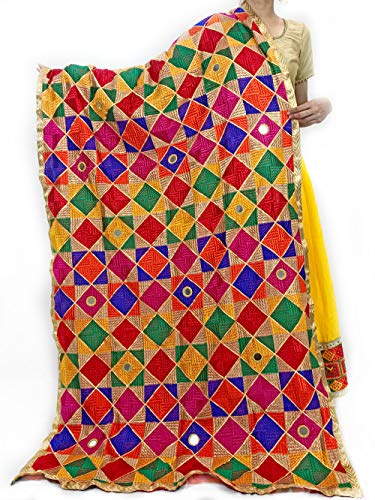 PinkPhulkari California Indian Punjabi Traditional Multi Color Mirror Phulkari Dupatta for Women/Scarf/Decor/Gift/Shawl/Wrap