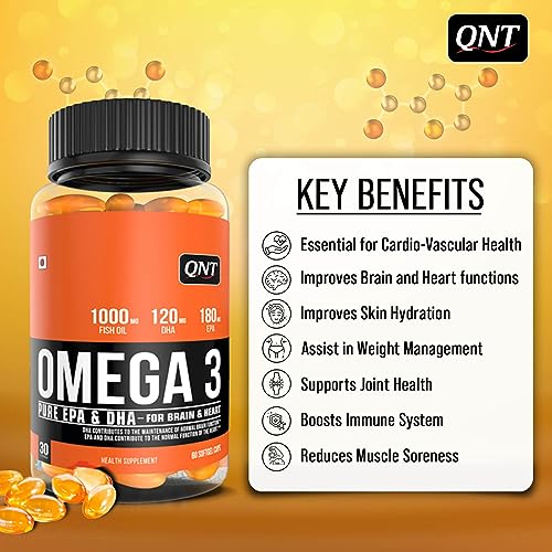 Image of QNT Omega 3 Capsules 1000mg | Nordic Island Fish Oil with 180mg EPA & 120mg DHA | Supports Heart, Brain, Skin & Bone Health | 60 Softgels