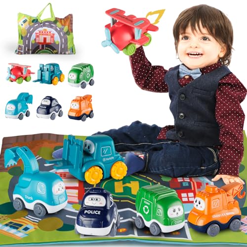 lerrbo 6 PCS Cartoon Lastwagen Auto Spielzeug mit Kräne/Spielmatte/Aufbewahrungstasche|Spielzeug ab 1 Jahr|Babyspielzeug für 1+ Jahre Alten Jungen|Geschenk 1 Jahr Junge