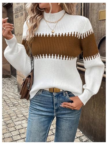 SOLY HUX Fall Sweaters for Women Color Block Mock Neck Bishop Long Sleeve Pullover Sweater Tops4