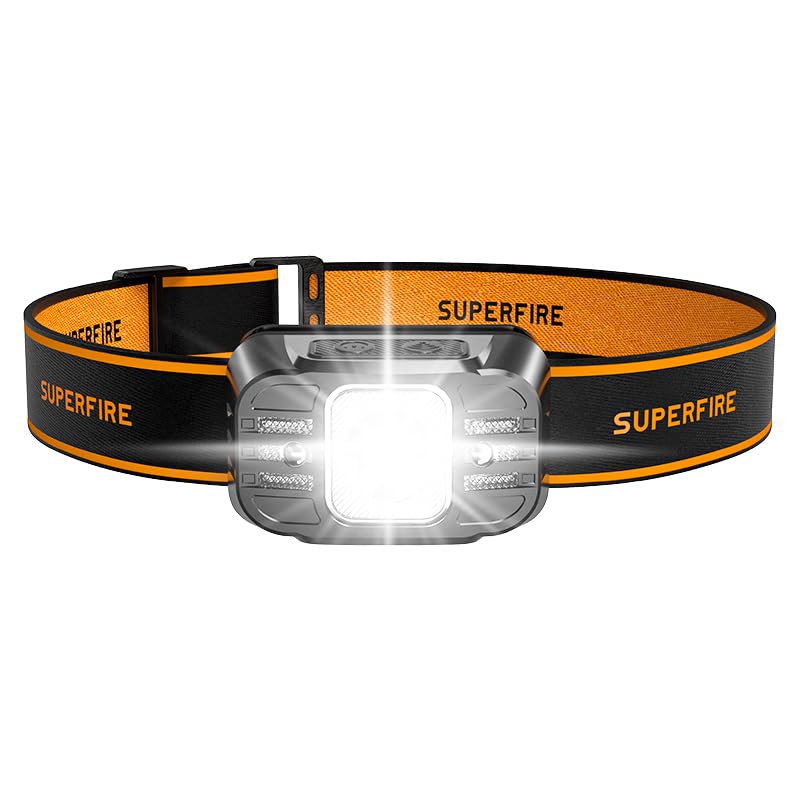 SuperFire Head Torch, Rechargeable Motion Sensor with Red Light, USB-C Fast Charge, IP44 Waterproof Adjustable & Comfort-Fit Design for Dog Walking, Evening Walks, Camping, Emergency Kit
