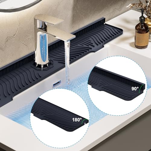Image of Derlights 33 inch Sink Splash Guard Mat, Silicone Faucet Handle Drip Catcher Tray, Longer Silicone Sink Mat for KitchenBathroom, Drip Protector Splash Countertop (Black)