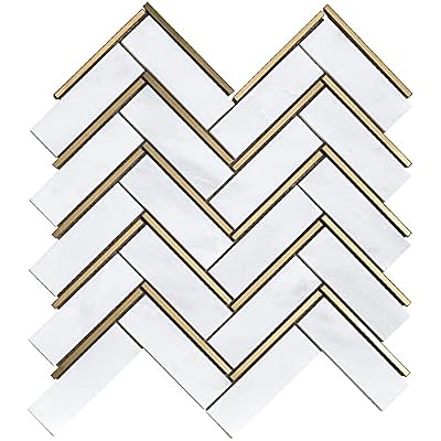 Tile Generation NBG-4 Herringbone White and Gold Metal Stainless Steel Polished Marble Tile (1 Sheet)